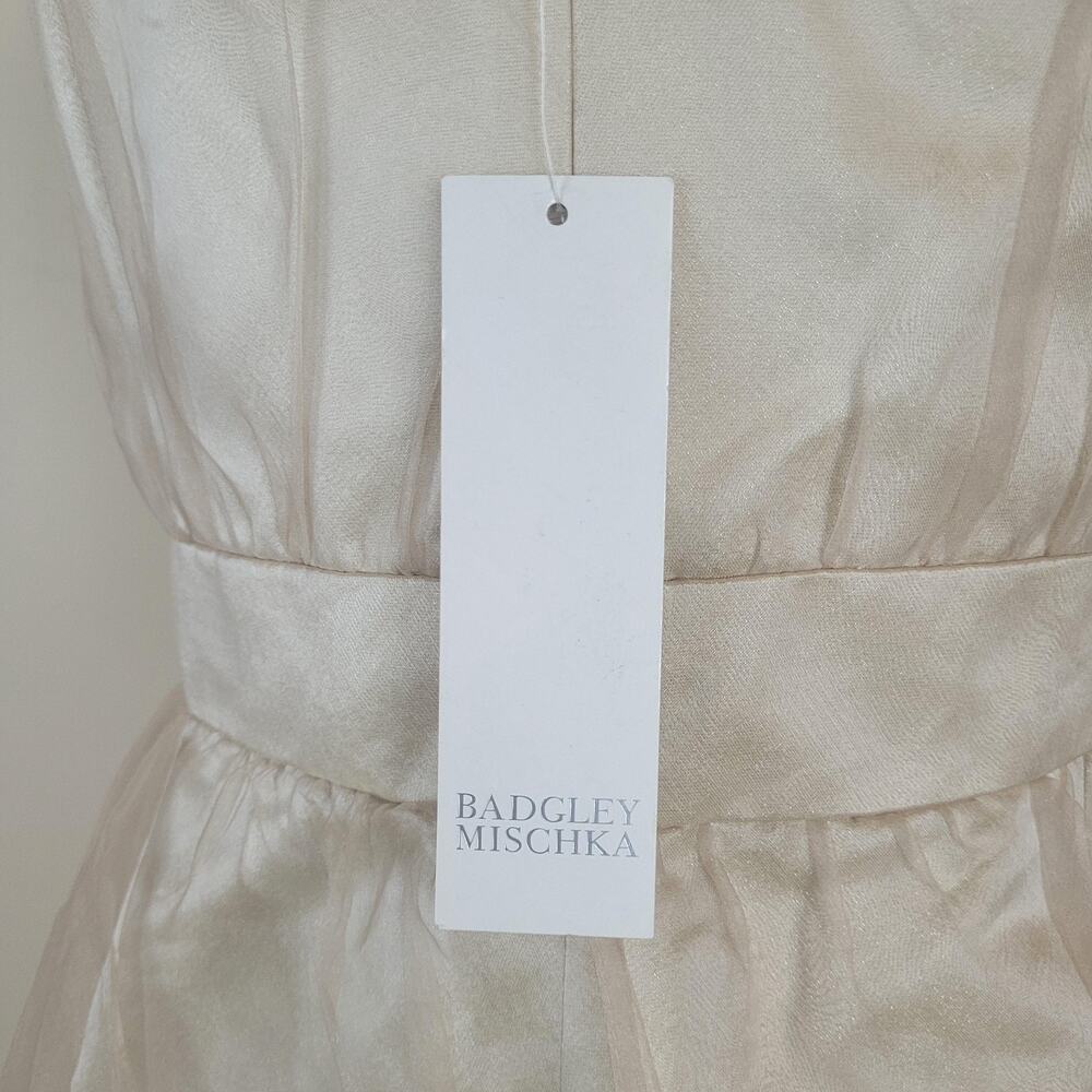 Badgley Mischka Dress‎ 14 Champagne Beaded Strapless Satin Bubble Hem Cocktail - Picture 6 of 13